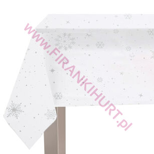 Obrus świąteczny w kolorze białym 150 x 300 cm - srebrne gwiazdki i śnieżynki